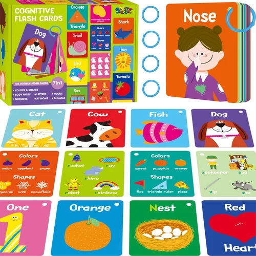 Vista 10 de 110 PCS Tarjetas de Aprendizaje Temprano, Tarjetas de Doble Cara - Alfabeto, Números, Alimentos, Animales, Formas, Colores, Objetos del Hogar con 4