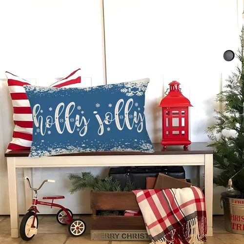 Vista 3 de Holly Jolly - Fundas de almohada navideñas de copos de nieve azul claro, decoración de casa de campo, funda de almohada de 12 x 20 pulgadas, fundas