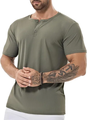 Vista 3 de Camisa Henley de ajuste seco para hombre, ropa de gimnasio, camiseta de entrenamiento de manga corta, camiseta atlética clásica y casual