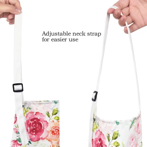 Vista 8 de Claswcalor Delantal de flores rosas con bolsillos, delantal floral para cocinar, delantal de cocina con rosas de acuarela para mujer, delantal
