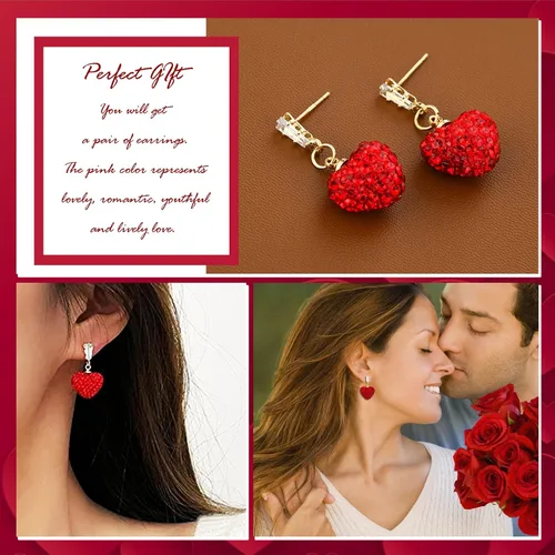 Vista 4 de Pendientes de San Valentín para ella, aretes de cuentas de diamantes de imitación de corazón rojo, camisas de atuendo para mujer, accesorios