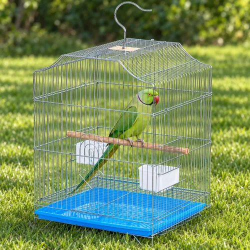 Vista 9 de Jaula para pájaros pequeña, jaula colgante plegable ligera con bandeja