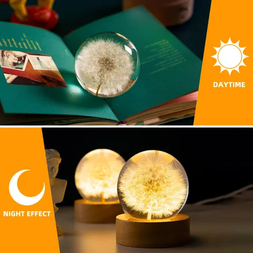 Vista 2 de Luz nocturna de bola de cristal de diente de león, 2.36 pulgadas de diente de león preservado real en resina, lámpara base de madera LED