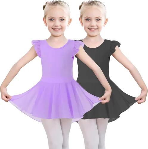 Vista 16 de iLover Vestido de leotardo clásico con tutú y mangas con volantes para niñas, para danza, gimnasia y ballet Negro