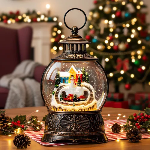 Vista 24 de Linterna de globo de nieve de Navidad con agua con escena de jengibre, funciona con batería o USB, luz musical iluminada, decoración festiva