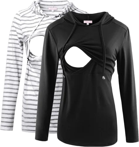 Vista 45 de Bhome Camisa de lactancia de manga larga con capucha para lactancia materna