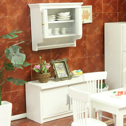 Vista 2 de iLAND Muebles para casa de muñecas a escala 1/12, armario de cocina para casa de muñecas en miniatura, estilo rústico moderno, color blanco