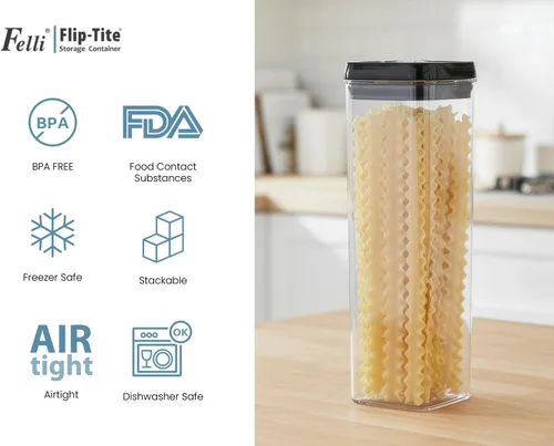 Vista 8 de Felli Flip Tite TALL - Recipiente de almacenamiento alto con tapa de 4 pulgadas hermético y anillo superior de fácil apertura, tarro delgado