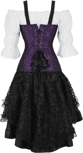 Vista 3 de frawirshau - Vestido de corsé de encaje para mujer, estilo Burlesque, disfraz steampunk para Halloween