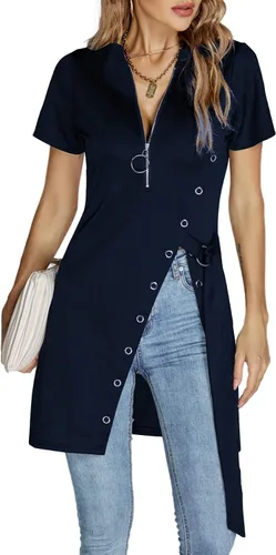 Vista 5 de Rooscier Blusa larga acanalada con cuello en V profundo y manga corta asimétrica dividida para mujer