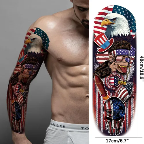 Vista 5 de Mangas temporales para tatuaje del 4 de julio para hombres y mujeres, 4 hojas grandes de brazo completo de Estados Unidos, patriótico 4 de julio