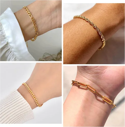 Vista 6 de KesaPlan Pulsera de moda para mujer, chapado en oro real de 14 quilates, delicado eslabón cubano con clip de cuerda, paquete de pulseras para niñas