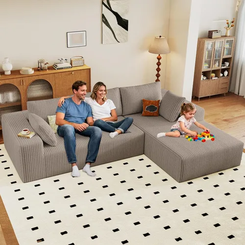 Vista 63 de Sofá modular de 96 pulgadas en forma de L, sofá modular de 3 asientos, sofá modular de pana de espuma viscoelástica sin hueso para sala de estar