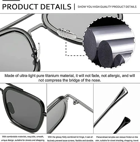 Vista 6 de SHEEN KELLY Gafas de sol de regalo para hombre araña Edith Tony Stark con marco plateado retro cuadrado para hombres y mujeres, lentes gris claro