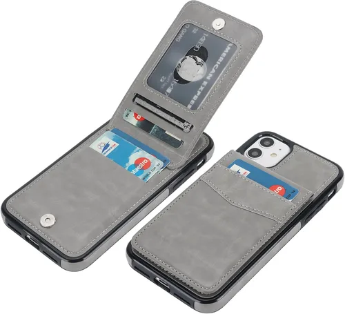 Vista 14 de KIHUWEY - Funda tipo cartera para iPhone 11, tarjetero con soporte, color negro Ranuras para tarjetas de crédito, soporte, piel sintética