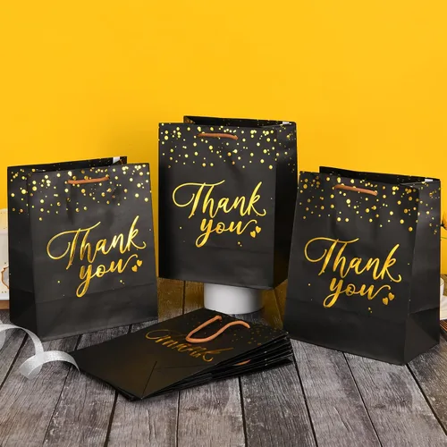 Vista 3 de COGLARING Thank You, 20 bolsas de regalo medianas de 10 x 8 x 4.8 pulgadas, bolsas de regalo de papel negro y dorado con asas para bodas, despedidas