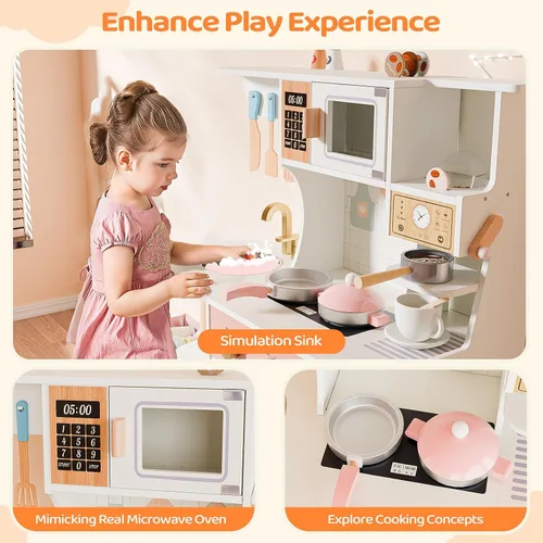 Vista 4 de JOYMOR Juego de Cocina Infantil, Cocina para Niños Pequeños con Fregadero de Cocina y Abundantes Accesorios de Cocina, Ideal para el Juego Creativo
