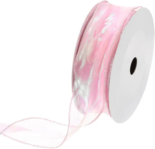 Vista 23 de MECCANIXITY - Cinta de organza con cable de 1 1/2" de ancho, brillante, transparente, con brillo irisado en tonos pastel, cinta de gasa para Beige