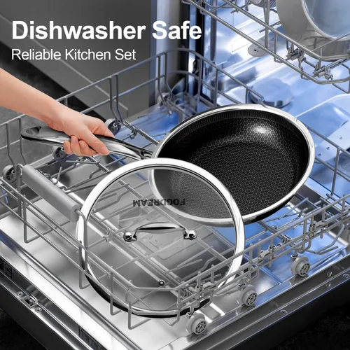 Vista 7 de Fogdream Juego de ollas y sartenes de 10 pulgadas y 11 pulgadas, antiadherentes, de acero inoxidable con tapa, apto para lavavajillas y horno, libre