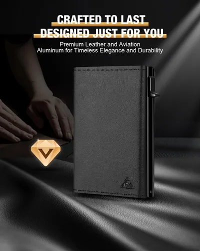 Vista 7 de Cartera Tarjetero para Hombres - Estuche de Aluminio Desplegable, Cuero de Microfibra Flexible Premium, Cartera Inteligente para Hombres, Bloqueo
