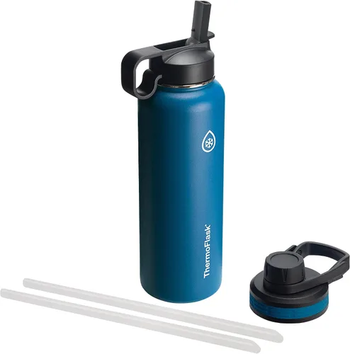 Vista 9 de Thermoflask - Botella de agua de acero inoxidable con doble aislamiento y dos tapas, 18 onzas, negro