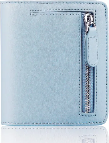 Vista 23 de Funtor Cartera de cuero para mujer, pequeña y compacta, con bolsillo doble, bloqueo RFID, para mujer