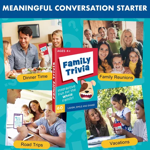 Vista 6 de LotFancy Juego de preguntas familiares, a partir de 4 años, juegos familiares para niños y adultos, 60 divertidas tarjetas de trivia, iniciadores