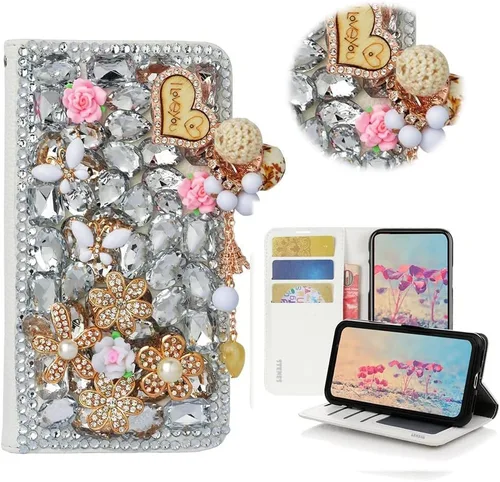 Vista 23 de Bling - Funda tipo cartera para teléfono compatible con Samsung Galaxy Z Fold 3 5G, elegante, hecha a mano, atrapasueños con colgante de perlas
