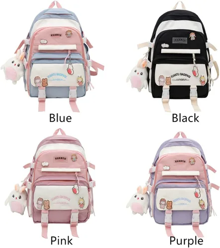 Vista 7 de Mfikaryi Mochila kawaii para niñas, bolsas escolares estéticas, bolsa de libros con bonito colgante de felpa para adolescentes, Púrpura, Mochilas