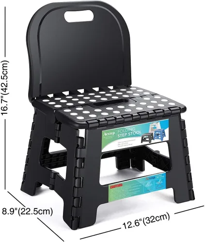 Vista 5 de ACSTEP Taburete plegable, incluye taburete extra ancho y resistente y soporte para la espalda, taburete plegable negro