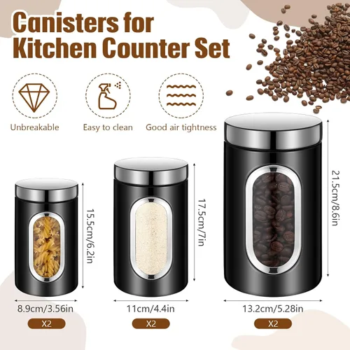 Vista 2 de Maxdot Juego de 6 recipientes negros para encimera de cocina, té, café, azúcar, con ventana transparente, tarro de café, contenedor de azúcar