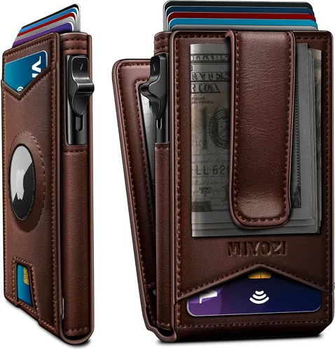 Vista 12 de miyozi Airtag - Cartera para hombre con clip para dinero, 9 tarjetas, con ventana de identificación, bloqueo RFID, funda de metal, cierre magnético