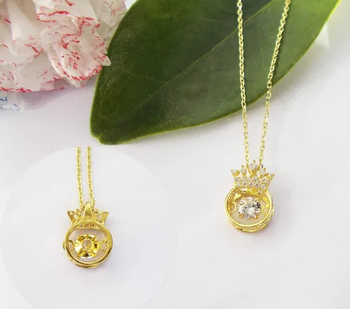 Vista 3 de Hiqmic 925 Plata de Ley Collar Colgante Corona Circonita & Oro Blanco Plateado Joyería Regalos para Mujeres 16" WK99025-Oro, Plata, Circonia cúbica