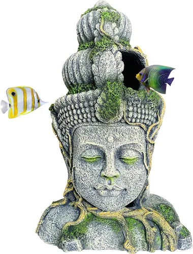 Vista 8 de Hamiledyi Estatua de cabeza de Buda para decoración de acuario, escondite de peces de resina, cueva de Betta para pecera grande, adornos