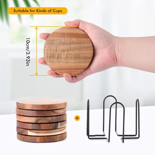 Vista 9 de WLWNWFT Posavasos de madera para bebidas con soporte para abridor de botellas, juego de 6, posavasos de madera de acacia para mesa de café, mesa