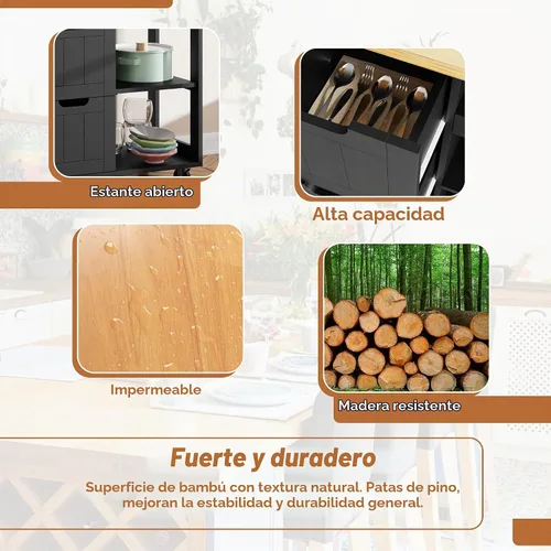 Vista 6 de SUNLEI Isla de Cocina con Carro de Almacenamiento, Carrito Rodante de Café Pequeño, Mesa de Corte de Madera, Microondas con 3 Cajones sobre Ruedas