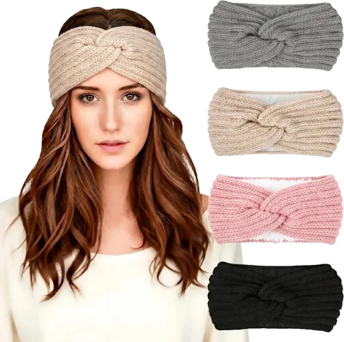 Vista 9 de Chalier Winter Headbands for Women, Crochet Ear Warmer Headband Beige/Negro/Gris Oscuro/Rojo