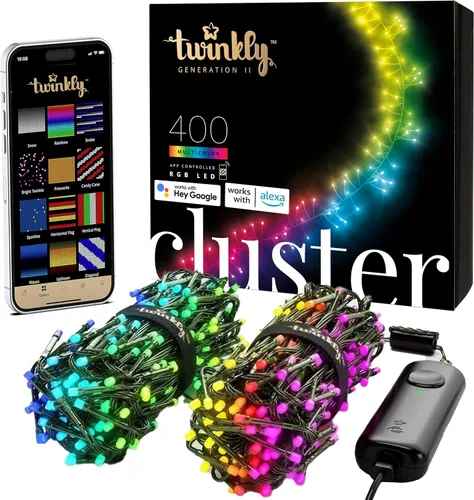 Vista 10 de Twinkly Cluster – Luces de Navidad LED controladas por aplicación con 400 LEDs AWW (ámbar, blanco cálido, blanco frío). 19.7 pies. Cable verde.
