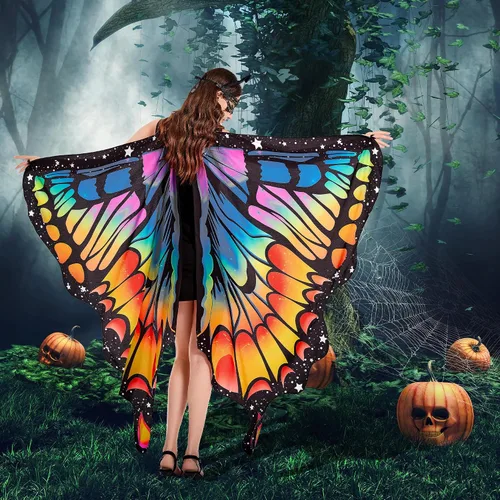 Vista 6 de Tibeha ButterflyWingsforWomen Kids - Double-SidedPrintingCostumeHalloweenGirls CapewithMaskandAntennaHeadband