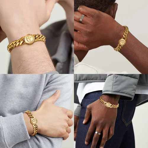 Vista 4 de KRKC&CO - Pulsera de eslabones cubanos de 12/0.551 in para hombre, chapada en oro de 18 quilates, cruz, brújula, calaveras redondas, cierre tallado