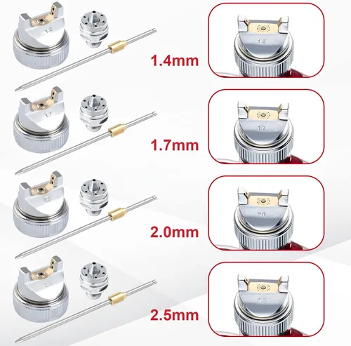 Vista 2 de Pindex HVLP Kit de pistola de pulverización con taza de 1000cc, 4 boquillas y agujas de latón reemplazables 1.4mm 1.7mm 2.0mm 2.5mm puntas