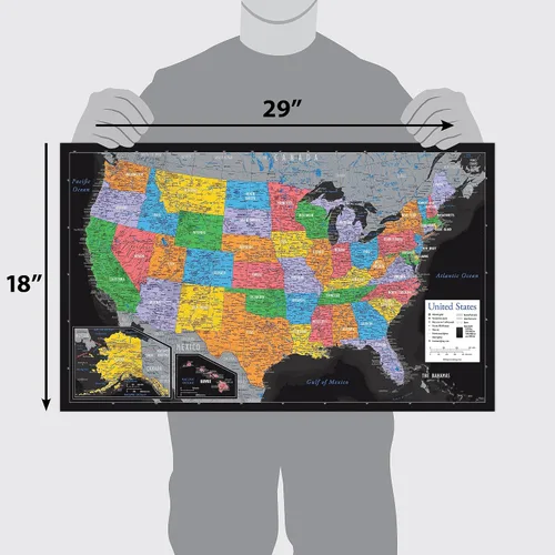 Vista 2 de Póster laminado de mapa de Estados Unidos, gráfico de pared de mapa de EE. UU., fabricado en los Estados Unidos [negro]