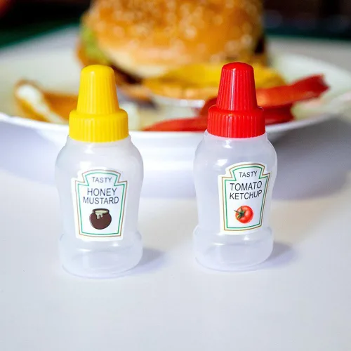 Vista 6 de 4 mini botellas de ketchup, botellas exprimibles de condimentos, botellas de salsa de plástico, aderezo de ensalada, recipientes de tomate