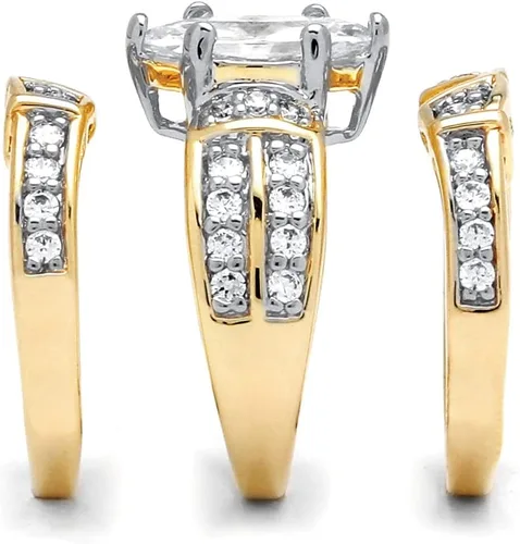 Vista 2 de Juego de 3 anillos de novia de oro amarillo de 14 quilates sobre plata de ley con circonita cúbica de corte marquesa