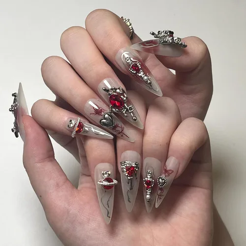 Vista 31 de BABALAL - Uñas postizas largas a presión, uñas postizas negras y rojas, uñas acrílicas de almendra con diseño gótico de vampiro, uñas adhesivas