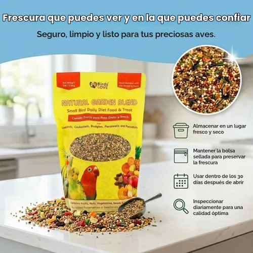 Vista 4 de Birds LOVE Natural Garden Blend - Alimento para pájaros pequeños, 2 libras, empaquetado a mano en Estados Unidos, mezcla natural con frutas