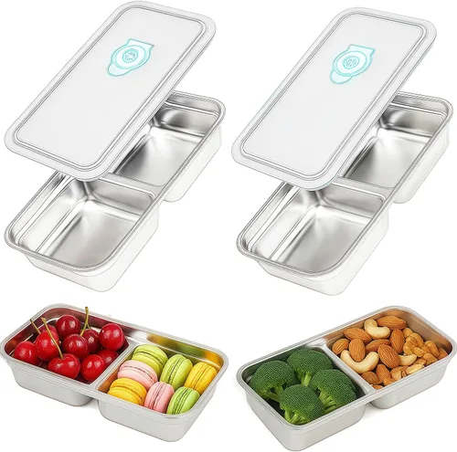 Vista 14 de 2 cajas Bento de acero inoxidable 304, 2 compartimentos, contenedores portátiles de almacenamiento de alimentos, cajas de aperitivos con tapas, caja