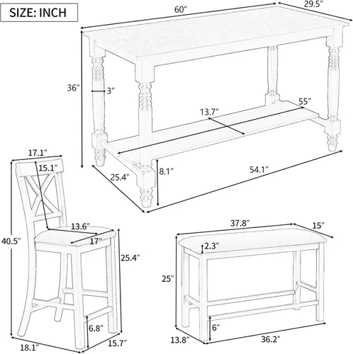 Vista 6 de Bellemave Juego de mesa de comedor de 6 piezas rectangular de madera con 4 sillas y un banco, juego de comedor moderno para 6 personas, ideal