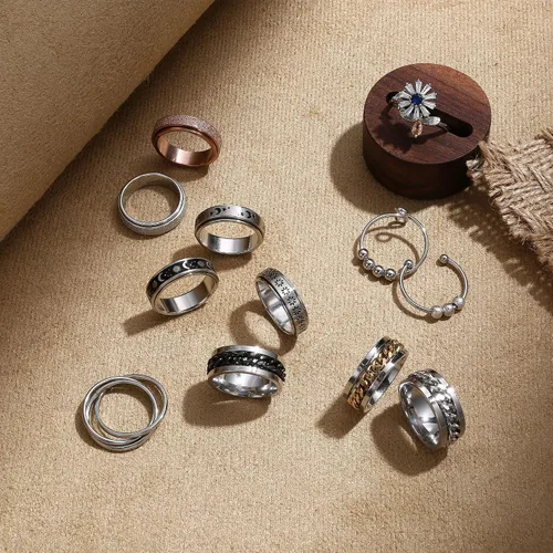 Vista 6 de FASACCO 12 piezas de anillos de ansiedad para hombres y mujeres - Anillos giratorios para aliviar la ansiedad y el estrés, con flores, luna