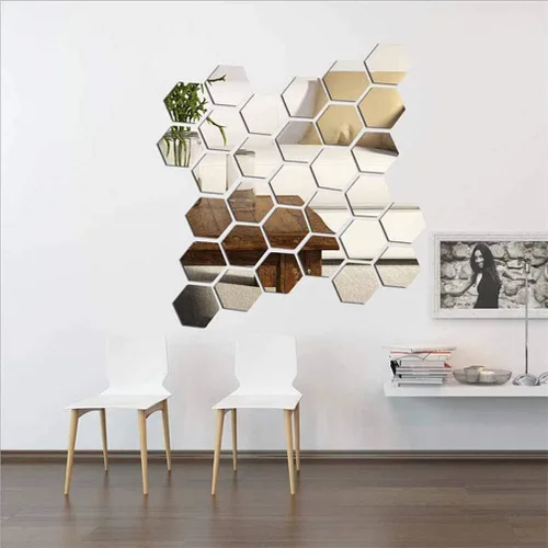 Vista 2 de Pegatinas de pared de espejo sin espejo de cristal, espejo de plástico, 3D, hexagonal, acrílico, decoración de pared, azulejos autoadhesivos